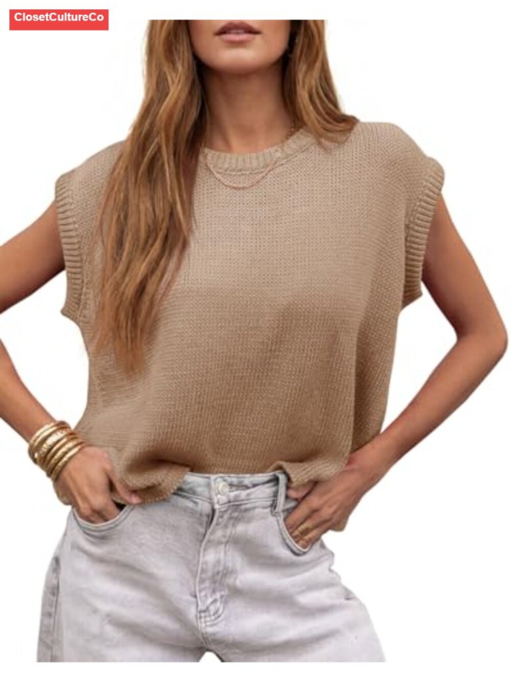 Waffle Knit Cap Sleeve Sweater Vest Loose Crew Neck Lightweight Summer Top